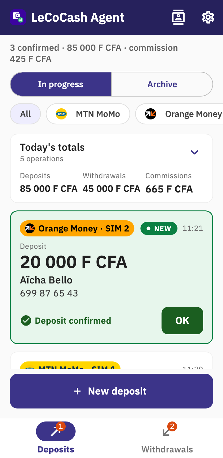 Today's deposits in LeCoCash Agent