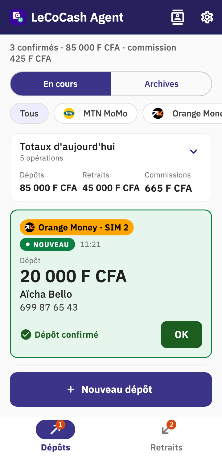 Les dépôts du jour dans LeCoCash Agent
