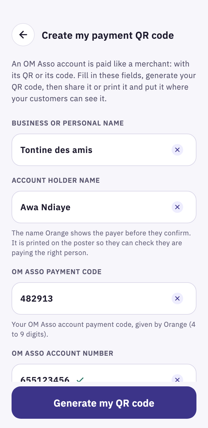 Payment QR code form: name, holder, OM Asso code