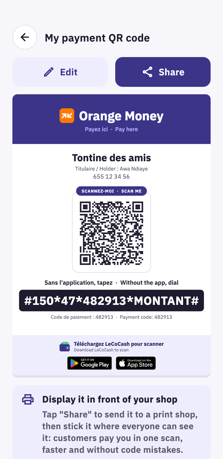 A4 payment QR code poster with the name and code