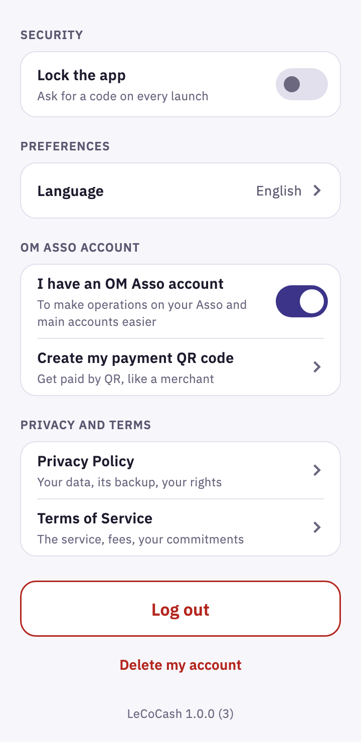 LeCoCash Settings with the "I have an OM Asso account" switch on