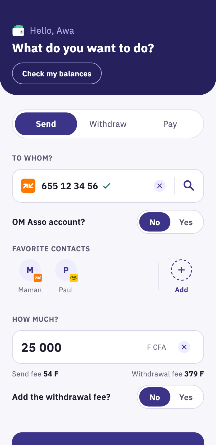 LeCoCash send screen with the fees shown
