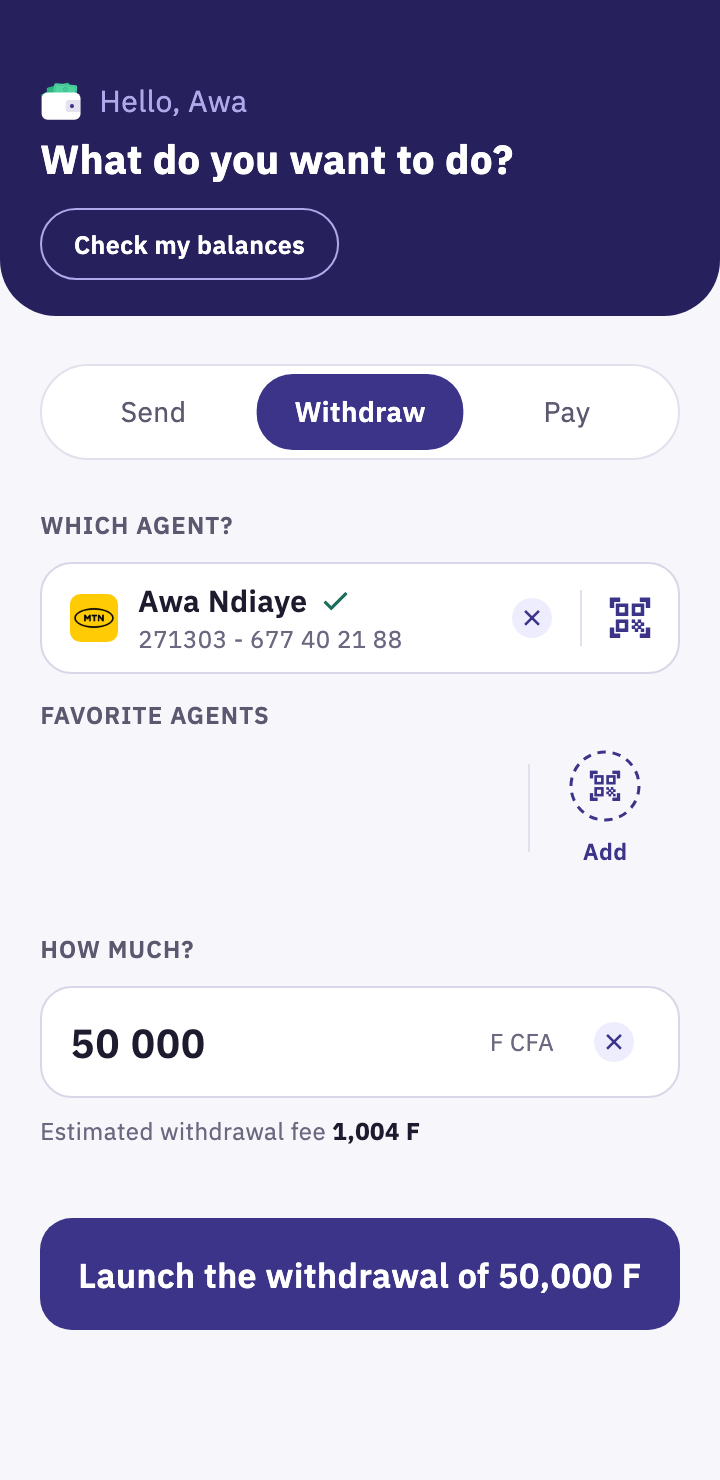 Agent withdrawal screen