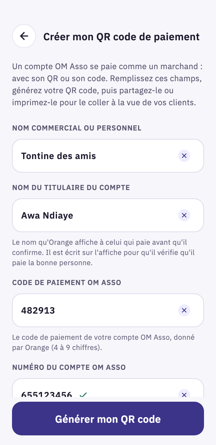 Formulaire du QR code de paiement : nom, titulaire, code OM Asso
