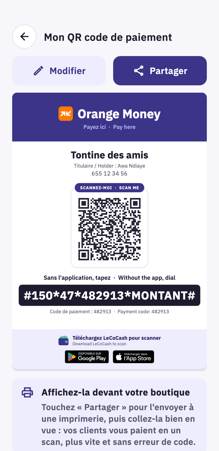 Affiche A4 du QR code de paiement, avec le nom et le code