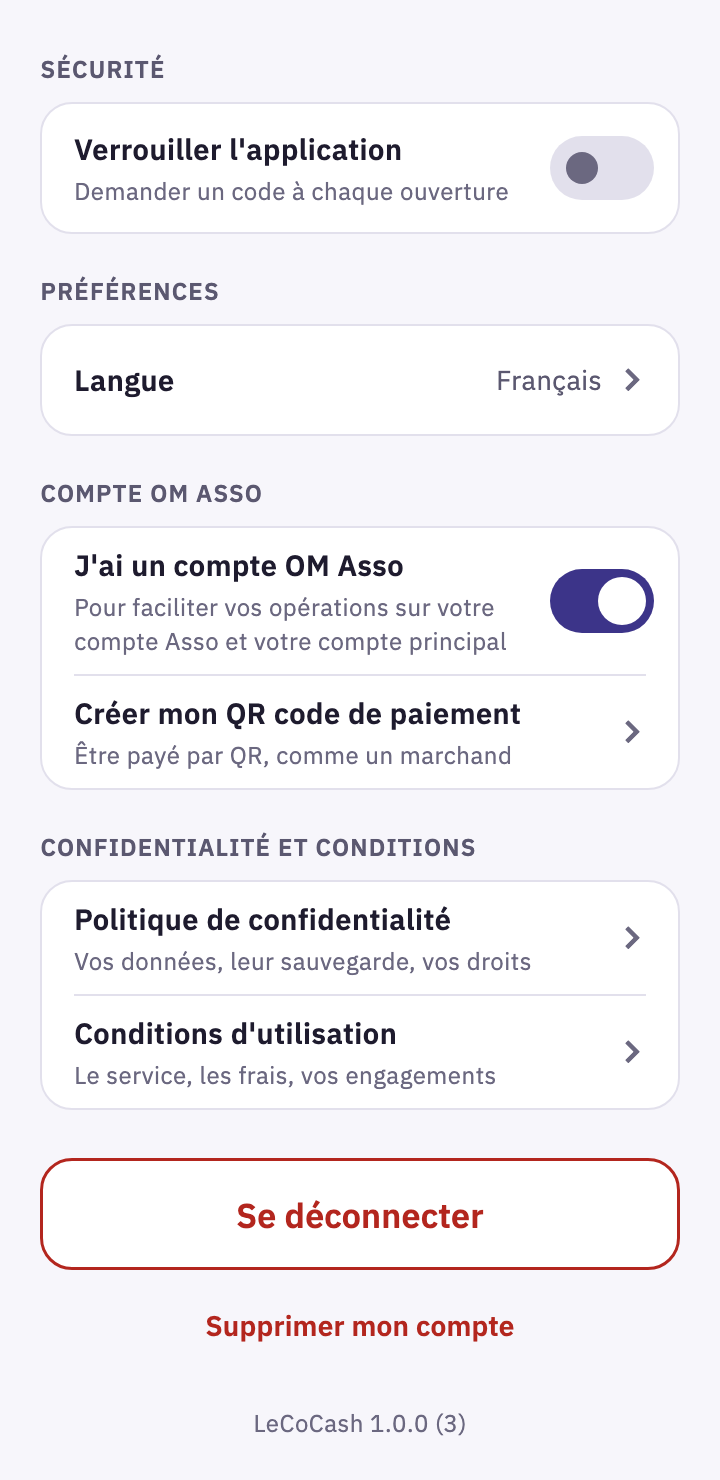 Paramètres de LeCoCash : l'interrupteur « J'ai un compte OM Asso » activé