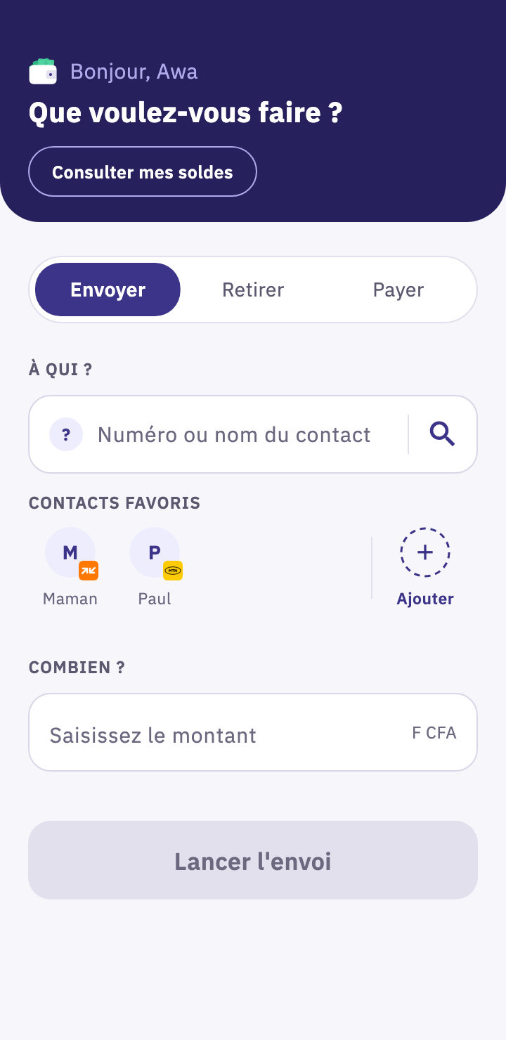 L'accueil de LeCoCash : envoyer, retirer, payer
