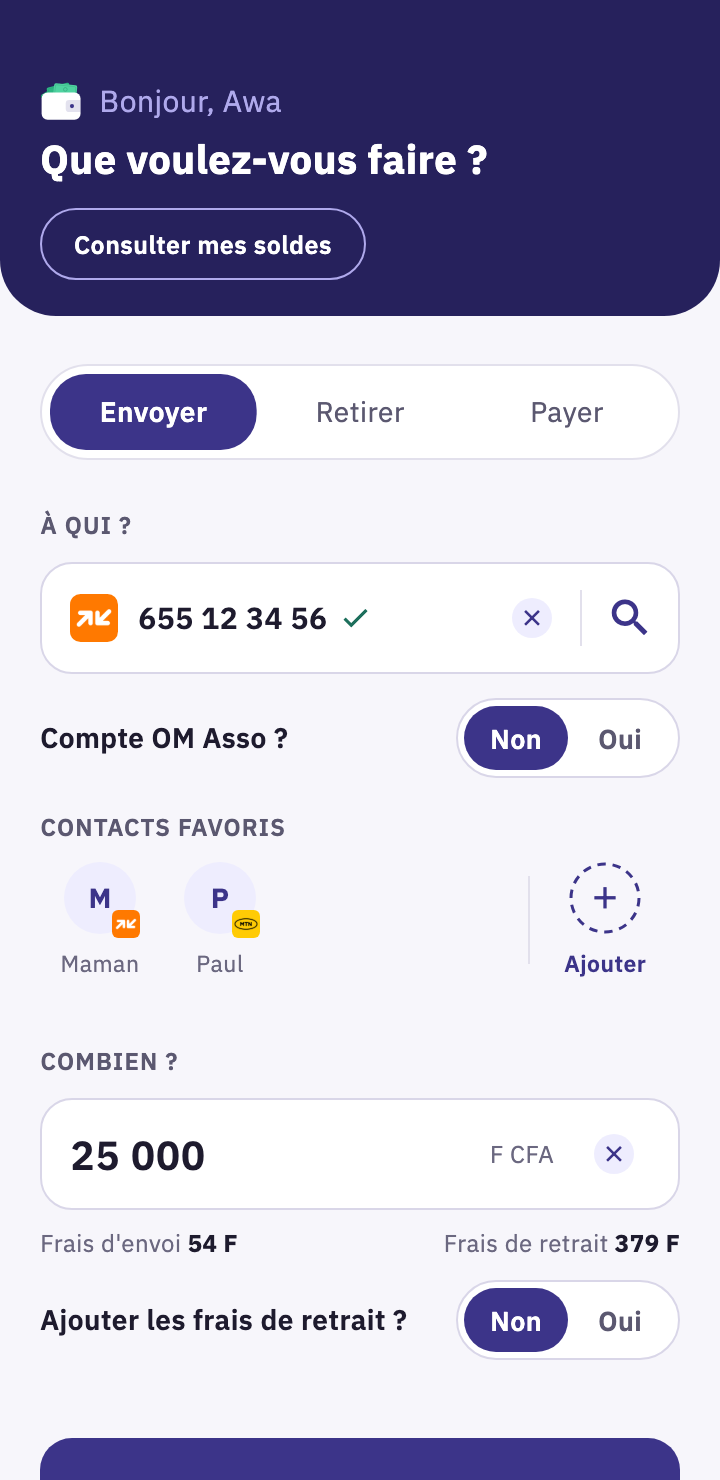Écran d'envoi de LeCoCash, avec les frais affichés
